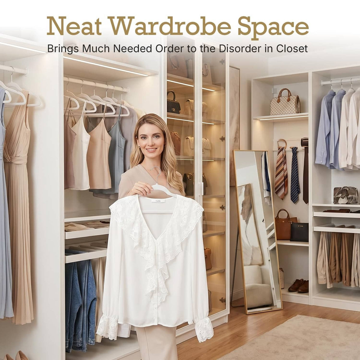 White velvet hanger holding a white blouse for tidy, organized closet display