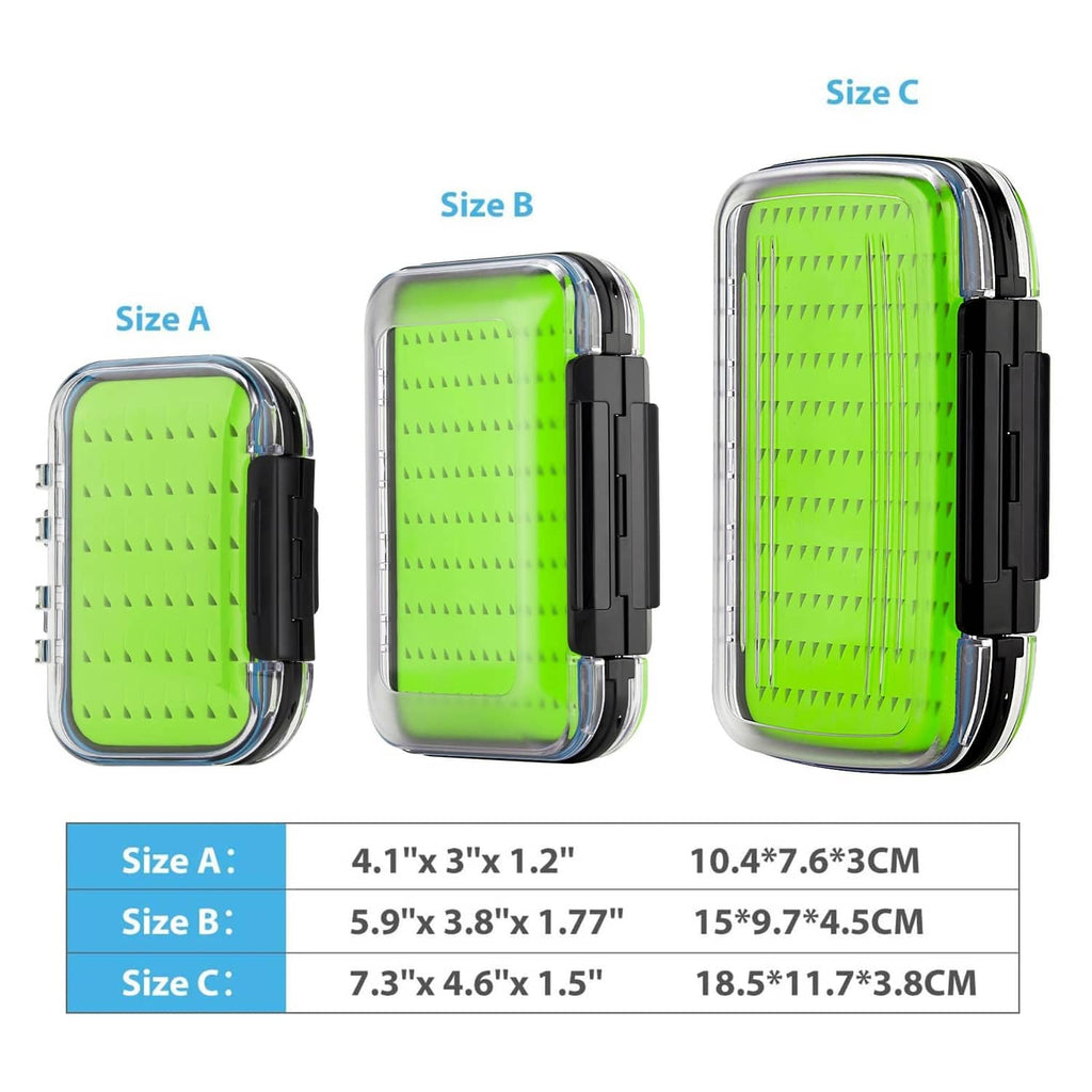Three fly storage box sizes with clear lids, black latches, lime foam inserts