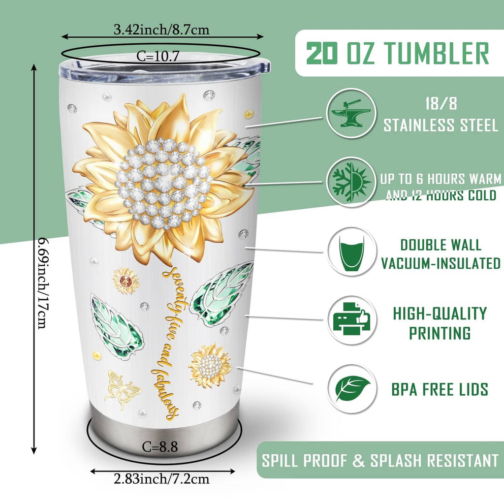 White 20 oz tumbler with gold daisy print, leaf accents, and size diagram