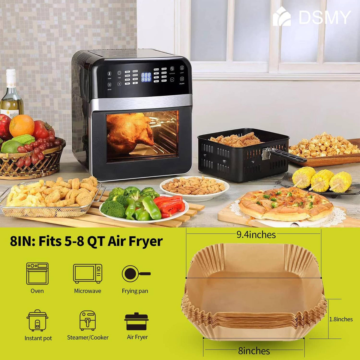 8-inch air fryer paper liners for 5–8 qt baskets, disposable square cup liners