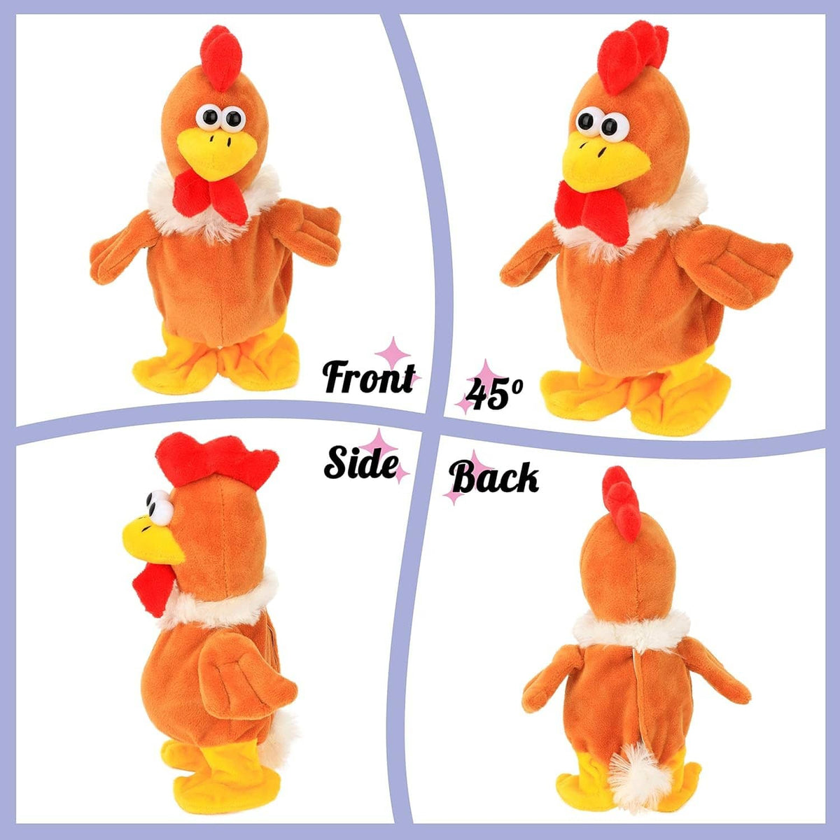 Talking chicken plush front, side, and back views, orange with red comb and white collar