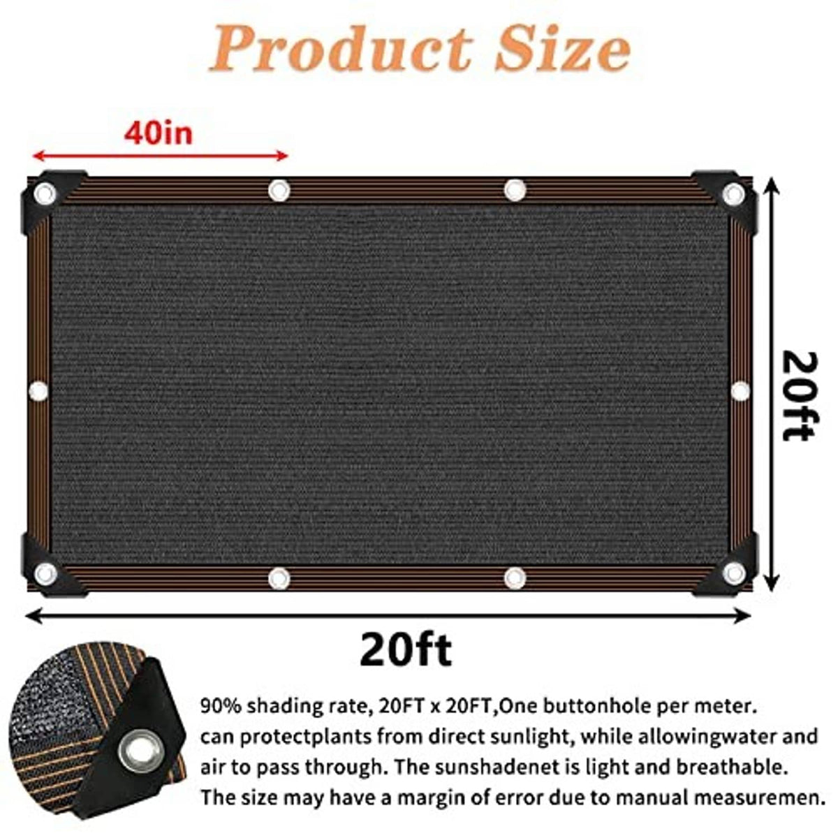20 ft x 20 ft dark mesh tarp diagram with metal grommets at corners