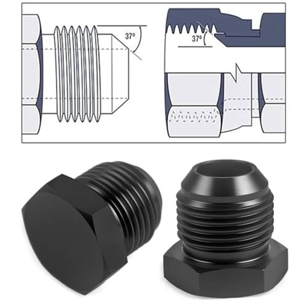 Black aluminum hex flare blanking plug adapter with male threads, shown with diagram.
