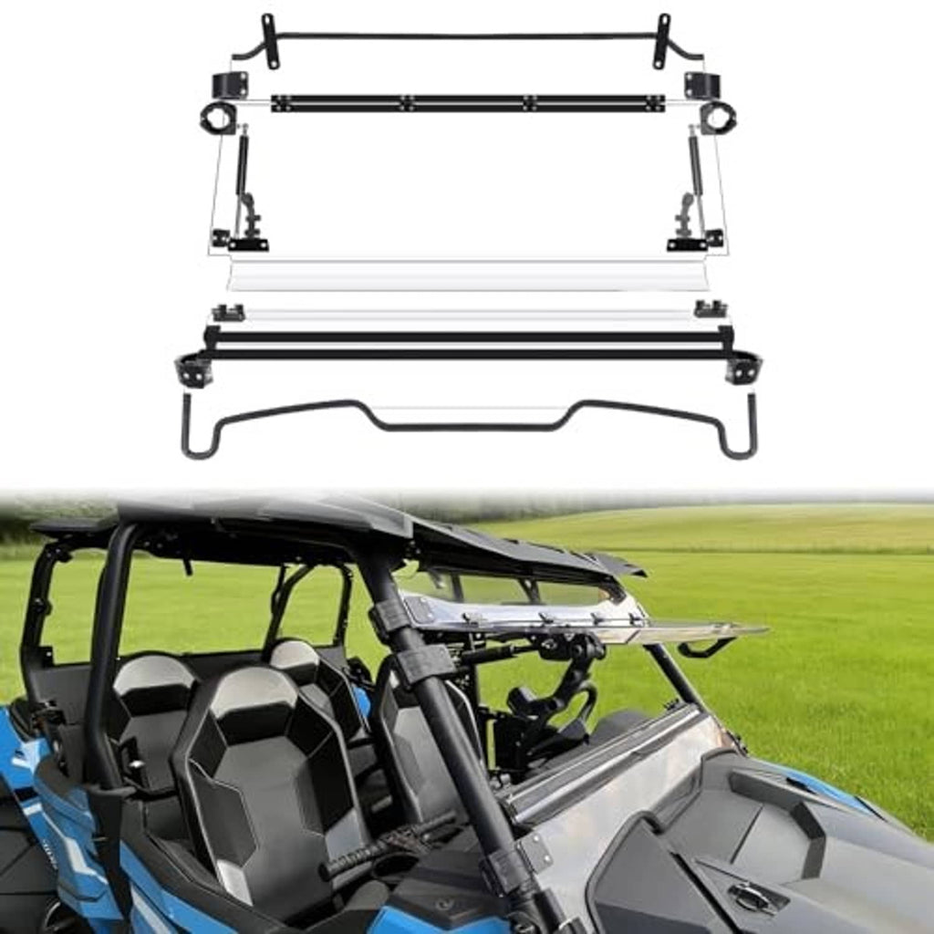 Front flip windshield installed on a UTV cab with clear shield and mounting arms