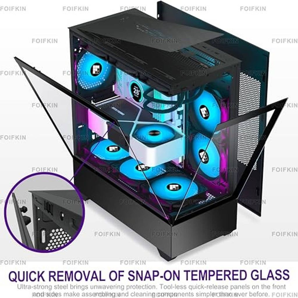 ATX mid-tower PC case with tempered glass and snap-on access, shown with RGB fans