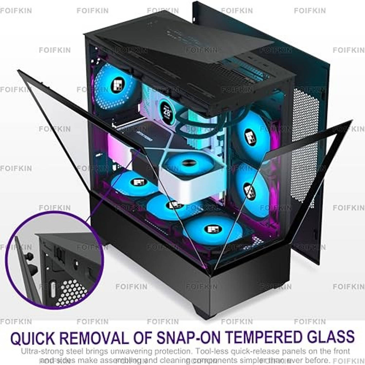 ATX mid-tower PC case with tempered glass and snap-on access, shown with RGB fans
