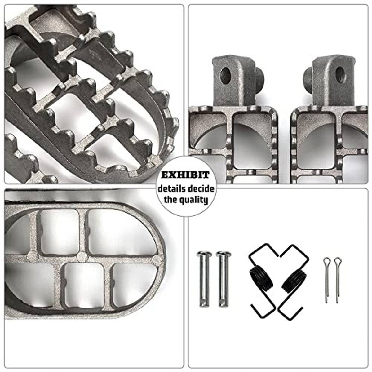 Aluminum footpeg set with close-up traction pattern, bolts, and installation clips