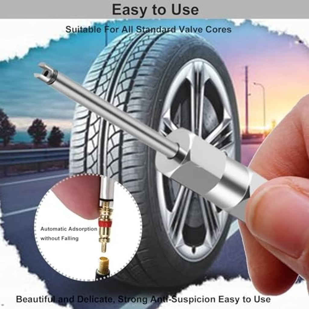 Silver valve core remover tool held against a tire valve for Presta core use