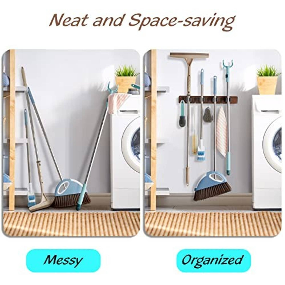 Wall-mounted mop and broom holder organizer with wooden rail and multiple hanging hooks
