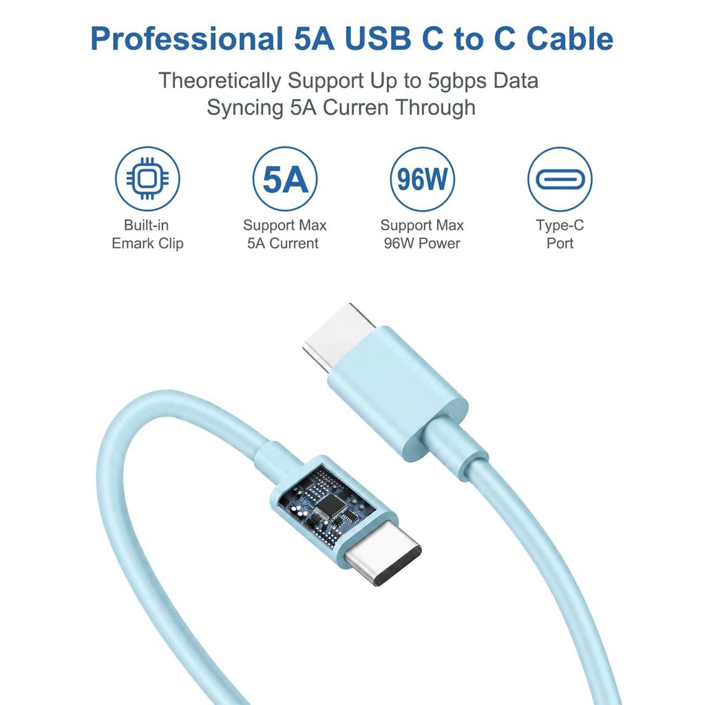Light blue USB-C to USB-C cable with Type-C connectors and 96W power adapter