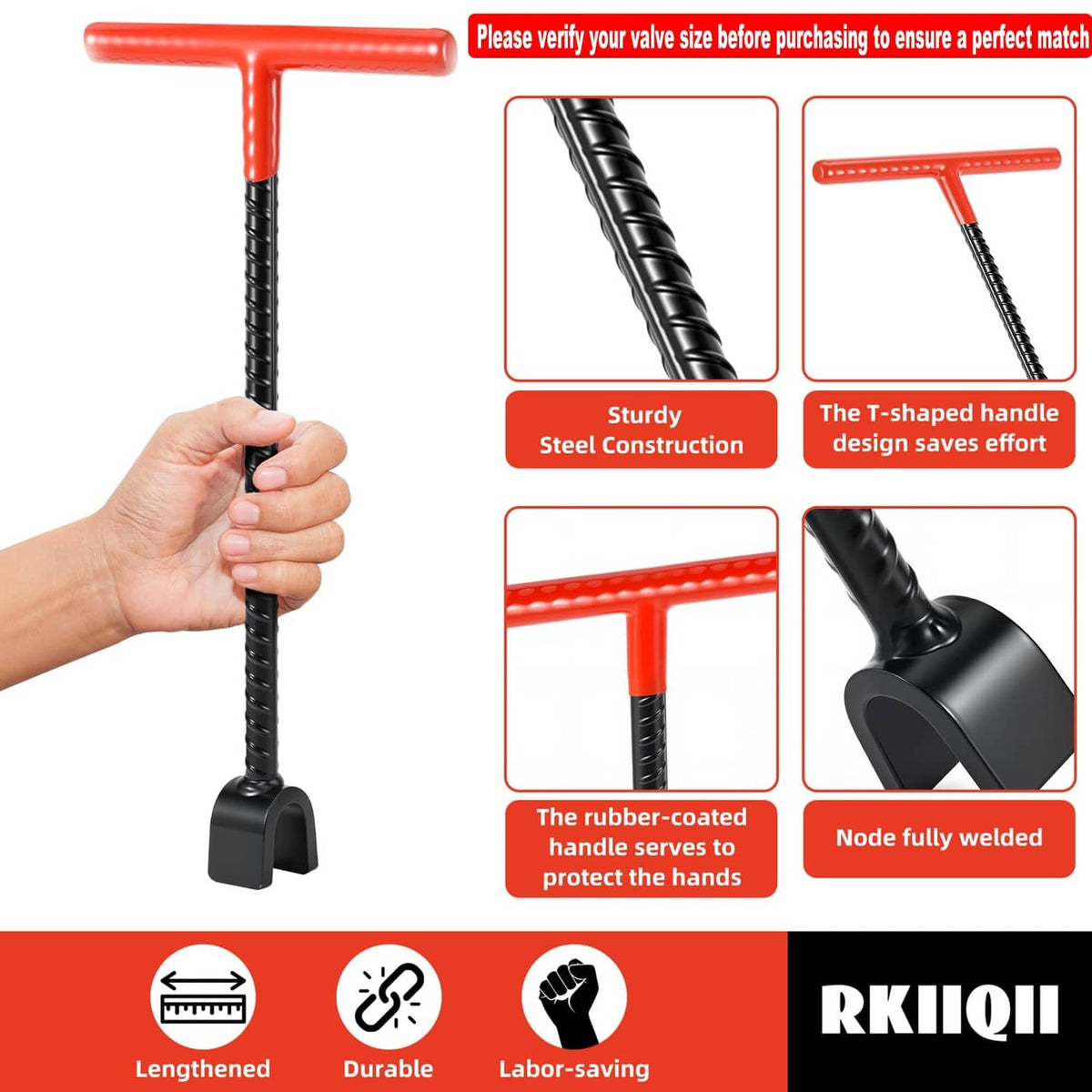 Water meter key tool with red handle, black ribbed shaft, and protective welded head