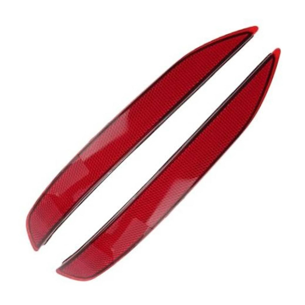 Two red rear bumper reflector lenses with black trim, curved oval shapes