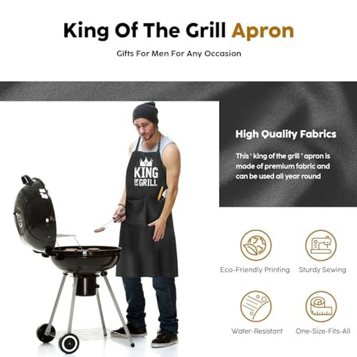 Black 'King of the Grill' apron worn by a cook, adjustable neck strap, front coverage