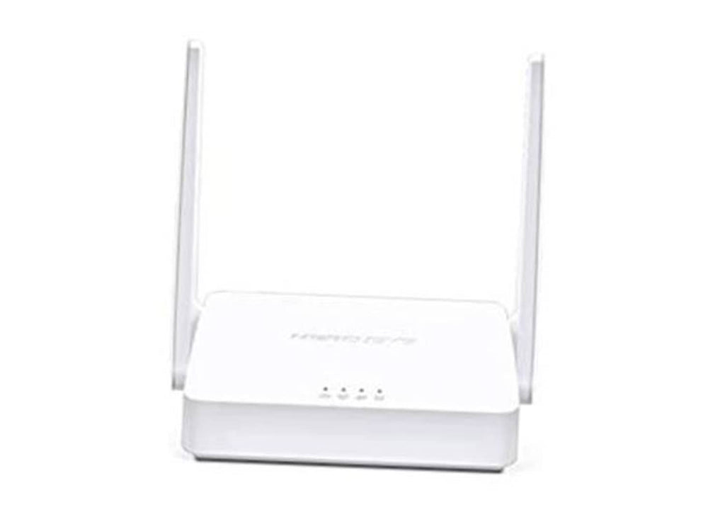 White Wi‑Fi router with two antennas, front indicator lights visible