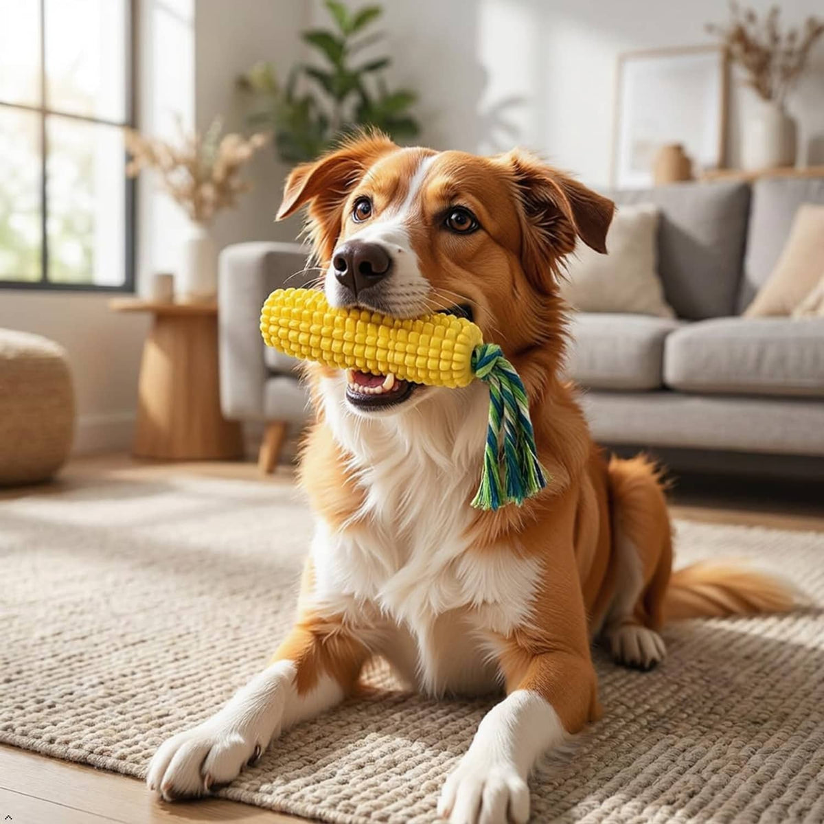 Yellow ribbed chew toy with green rope held in a dog’s mouth