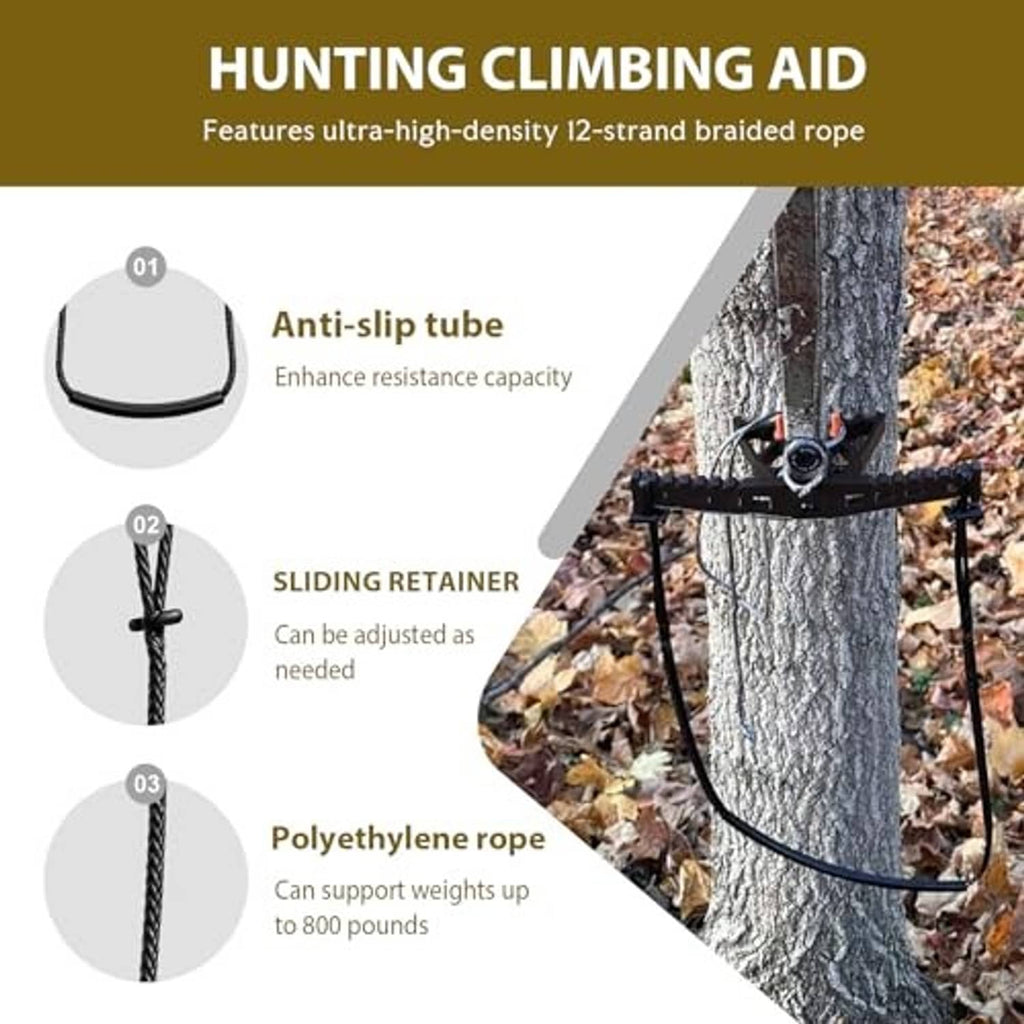 Hunting climbing aid with anti-slip tube and sliding retainer on braided rope