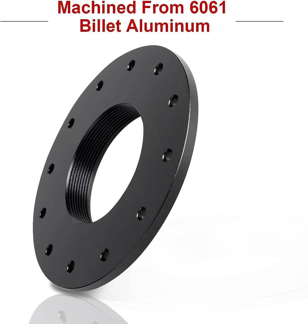 Black aluminum fuel cell cap flange with threaded outlet and bolt-hole pattern