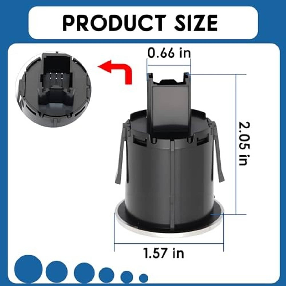 Engine start stop button switch size view, black body with metal ring and connector pins