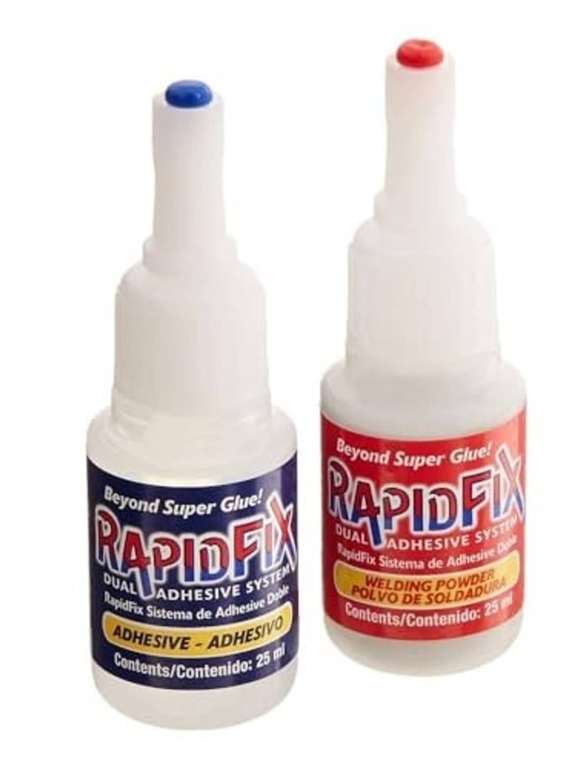 Rapidfix dual adhesive glue bottles (25 ml), red and blue caps