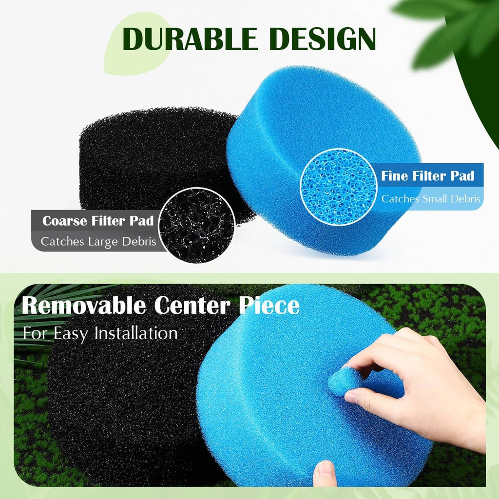 Blue fine and black coarse circular pond filter pads with center insert detail