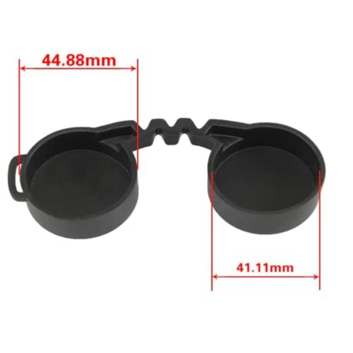 Pair of black rubber rear rainguard lens caps with dimensions 44.88mm and 41.11mm
