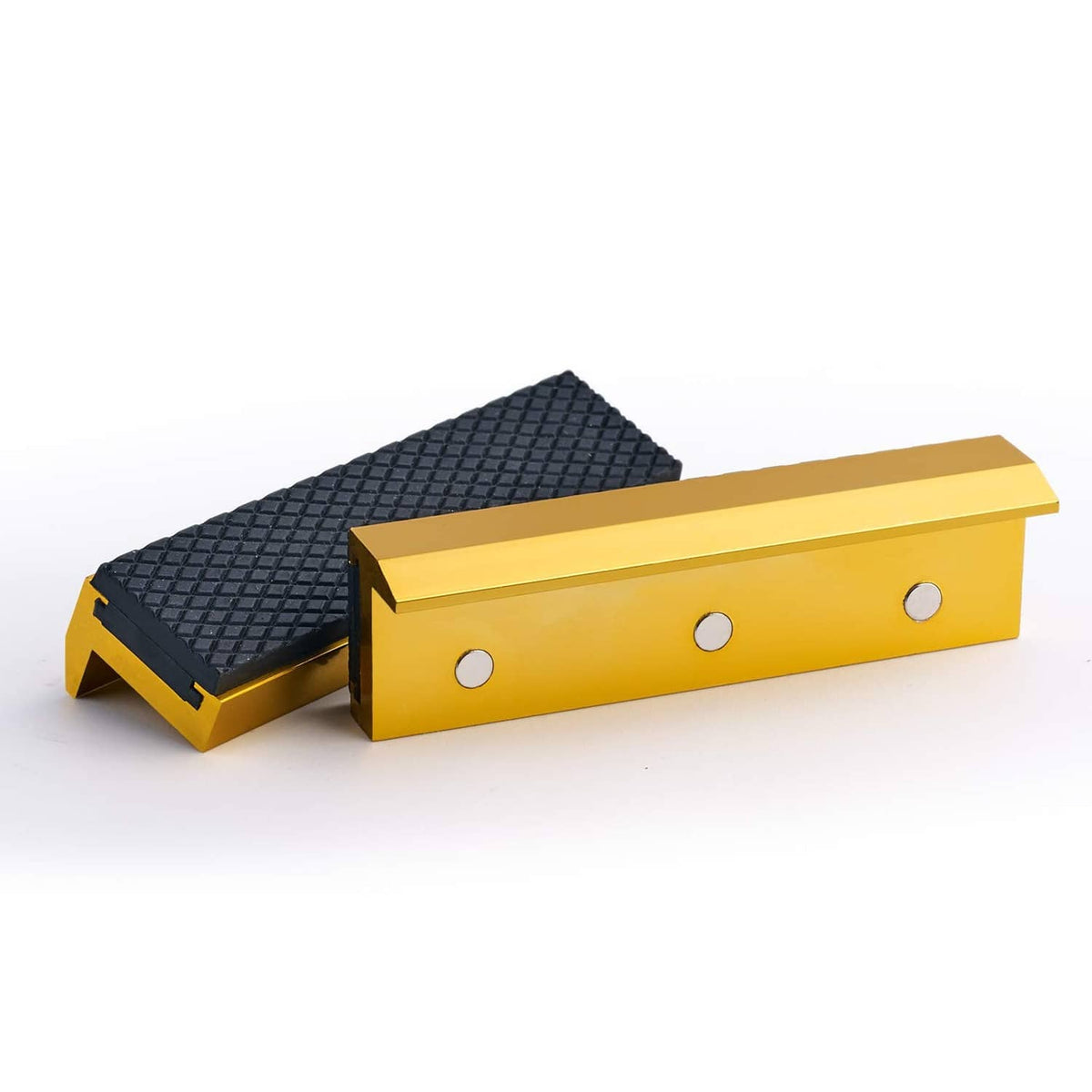 Golden soft vise jaw pad cover set with black textured gripping surface