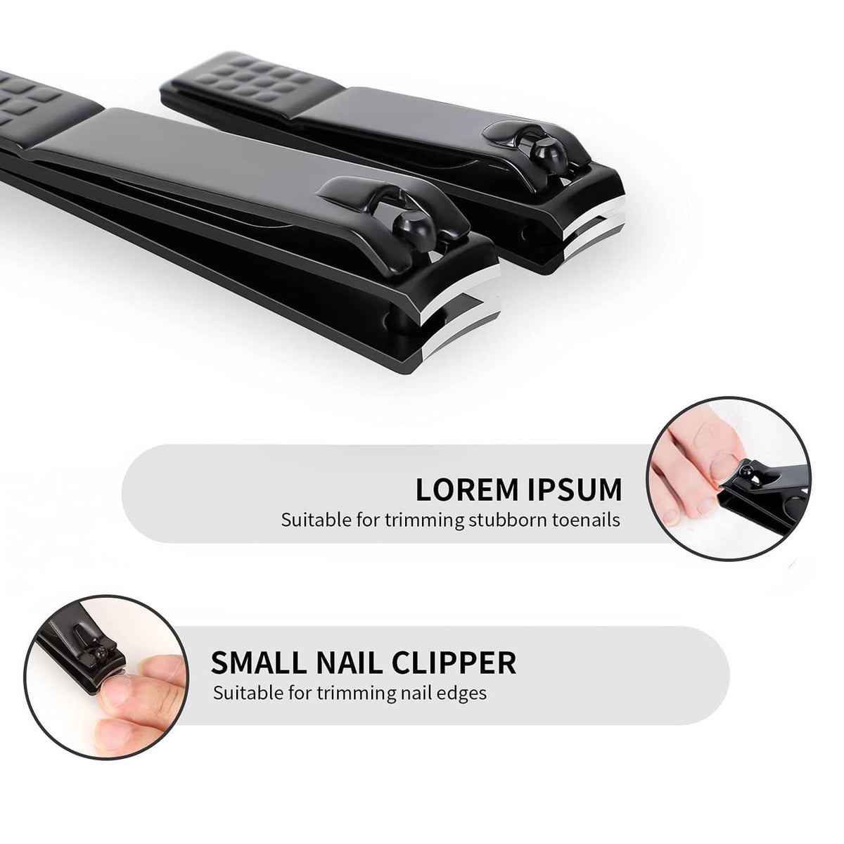 Black nail clipper set with wide jaws and attached nail file, curved blade