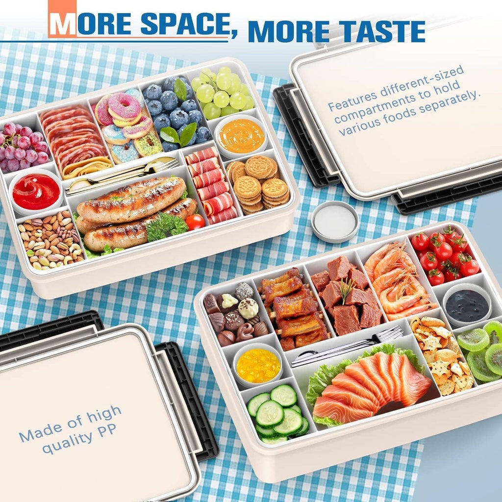 Cream divided snack box container with open lid and separate food compartments