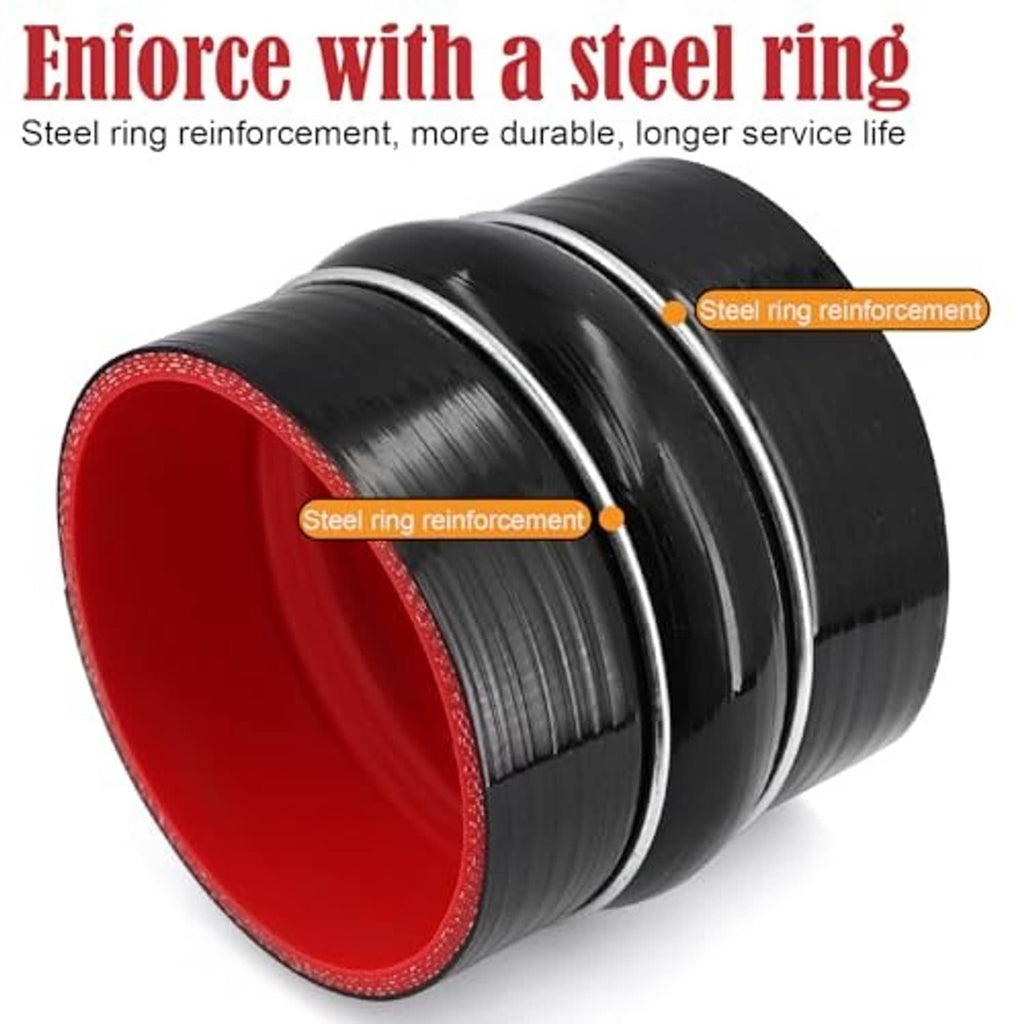 Black silicone straight coupler hose with red interior, steel ring reinforced.