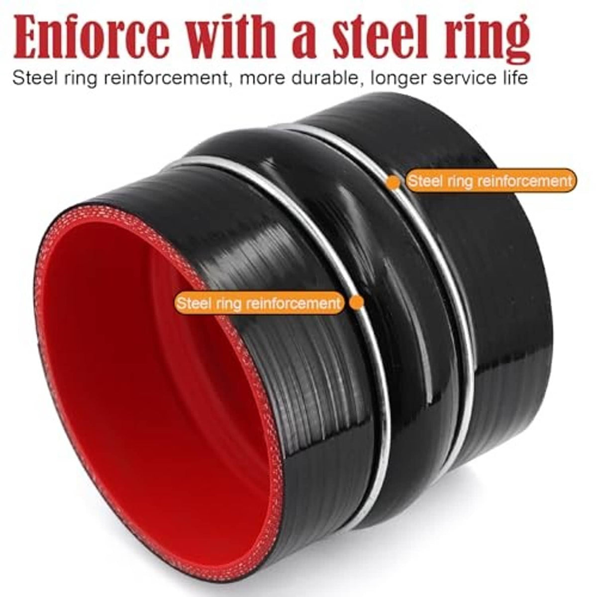 Black silicone straight coupler hose with red interior, steel ring reinforced.