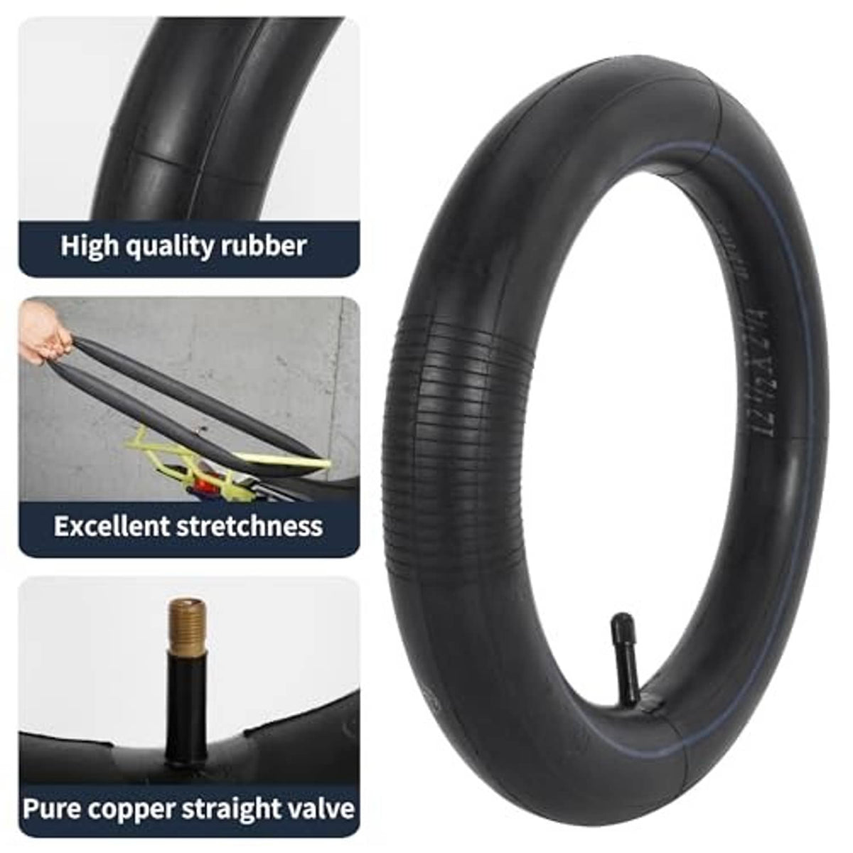Black 12.5x2.25 bike inner tubes with pure copper straight valve stems, 2-pack