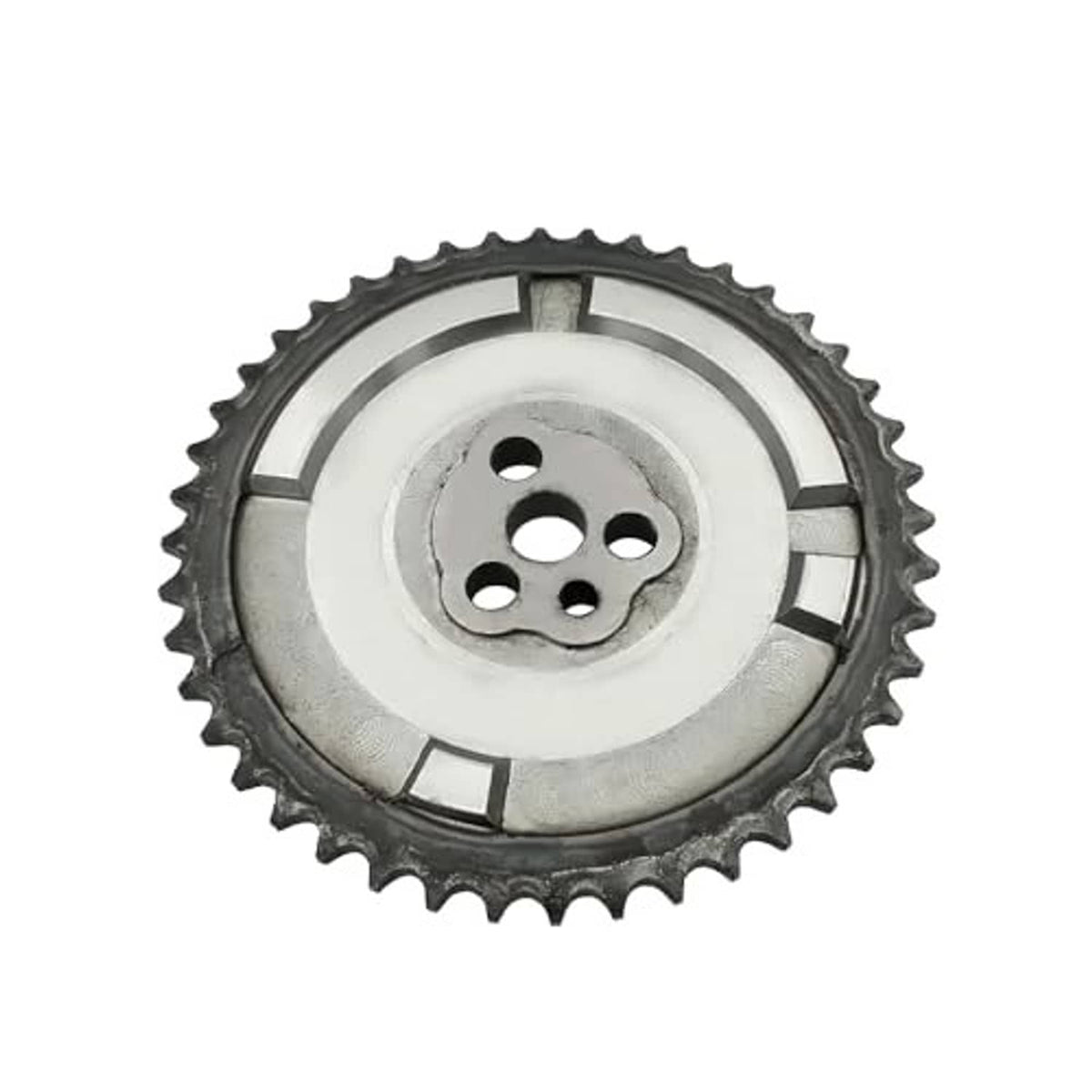 Engine timing camshaft sprocket gear side view with teeth and three bolt holes