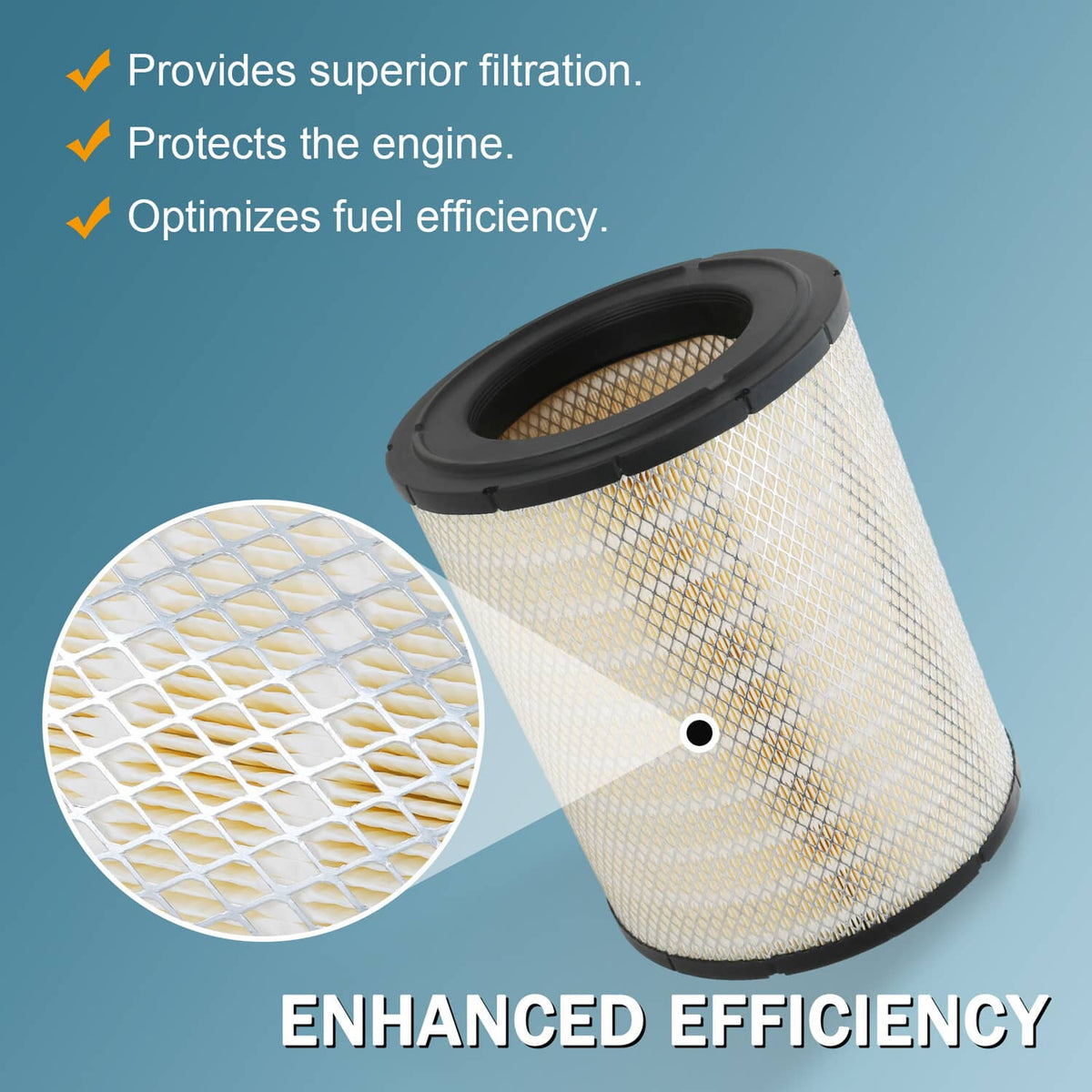 Engine air filter with black top and pleated white filtration mesh, side view