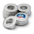 Metal oil drain plug crush washers, round discs with center holes, silver-gray set