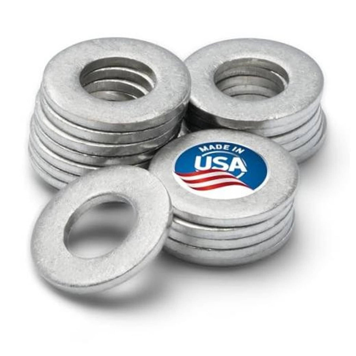 Metal oil drain plug crush washers, round discs with center holes, silver-gray set