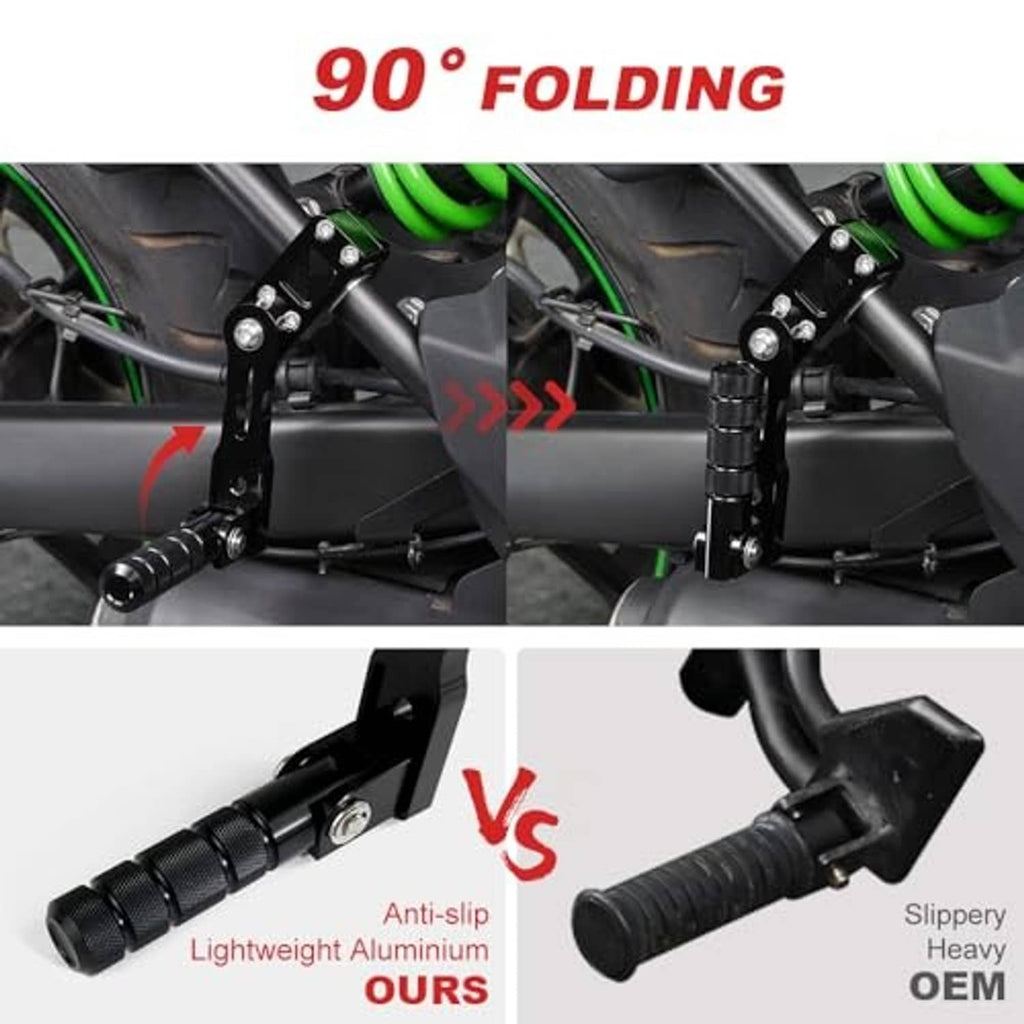 Black folding foot peg with textured rubber and pivoting bracket
