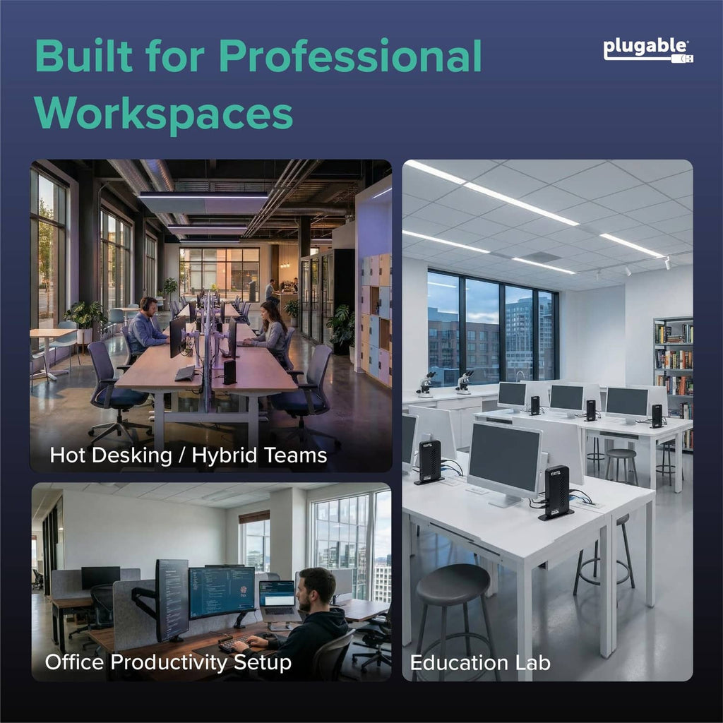 Professional workspace infographic showing office, hybrid teams, and education lab