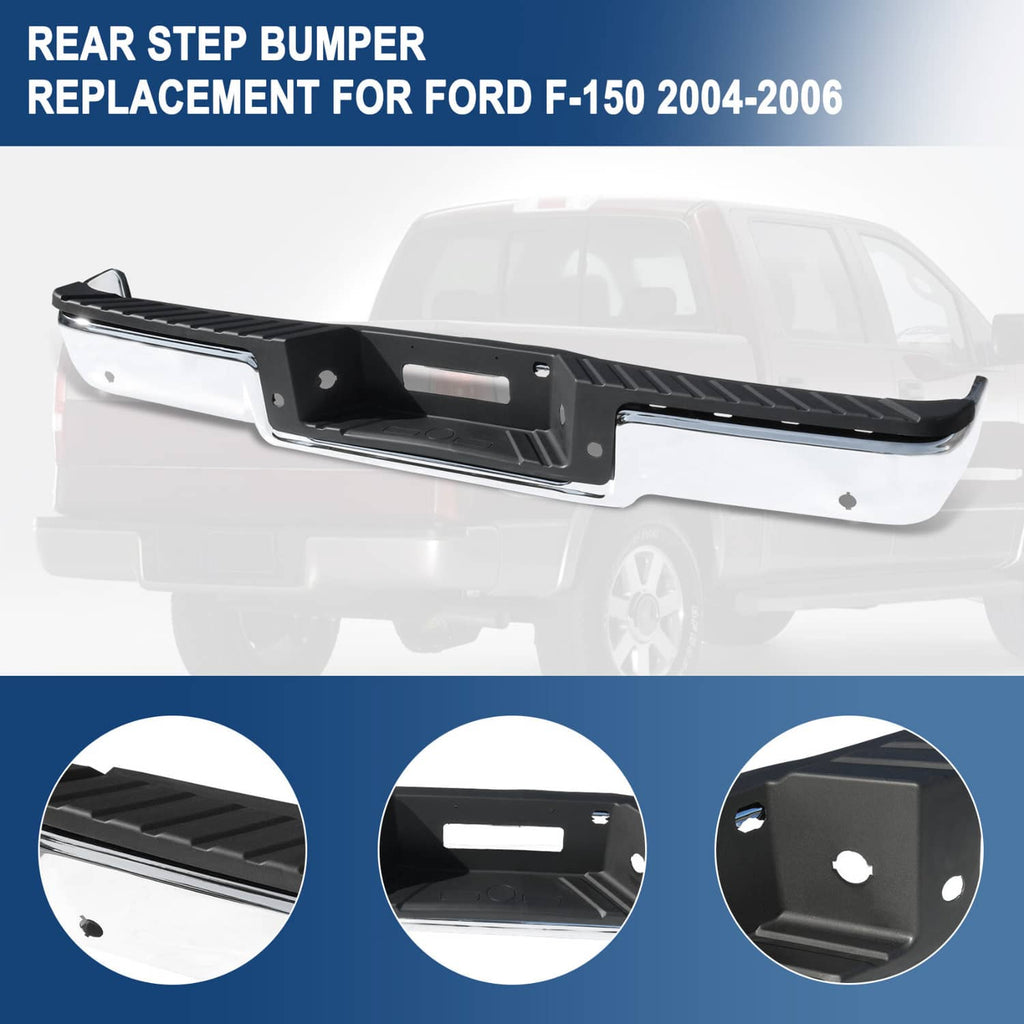 Rear step bumper replacement with black center and rectangular sensor/plate openings