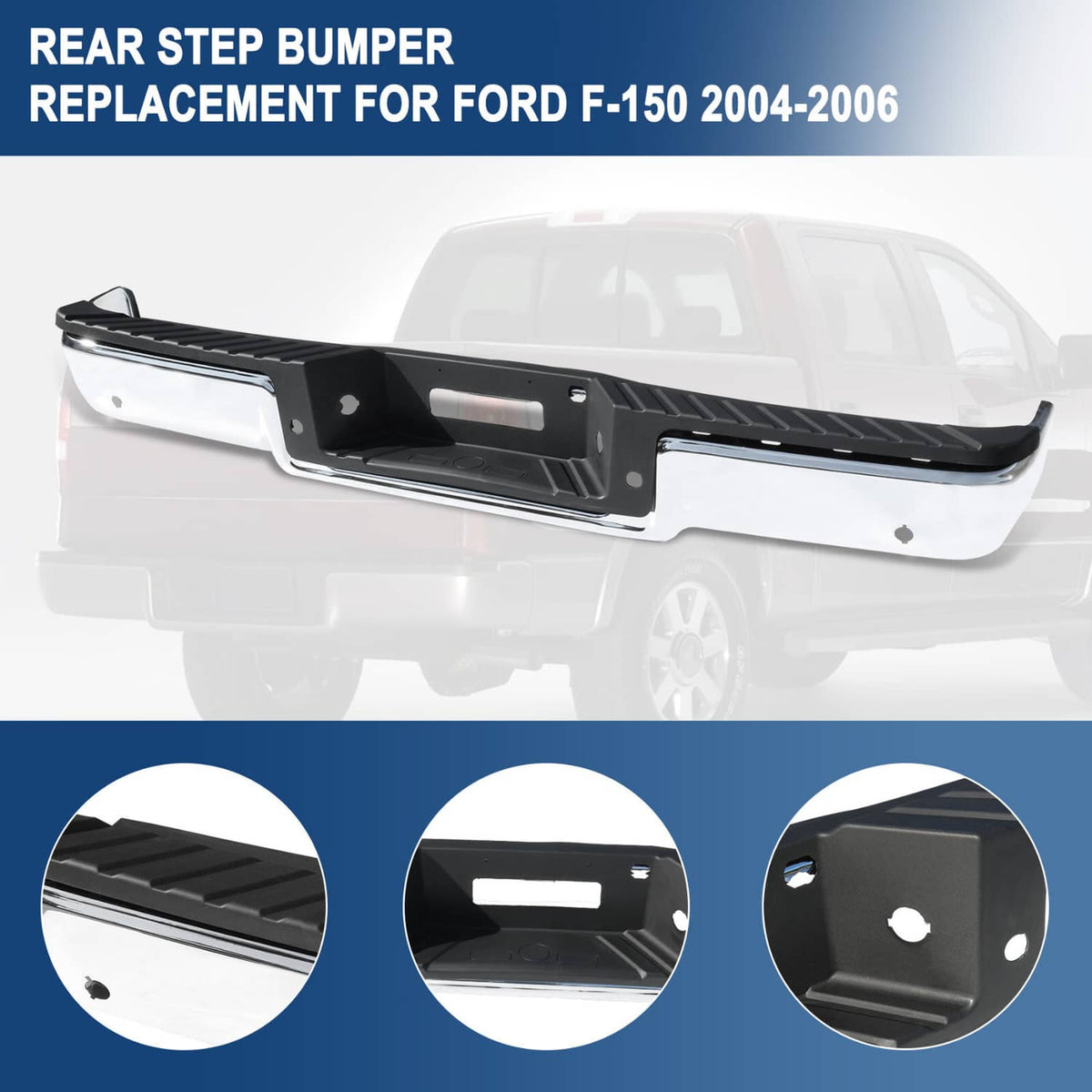Rear step bumper replacement with black center and rectangular sensor/plate openings