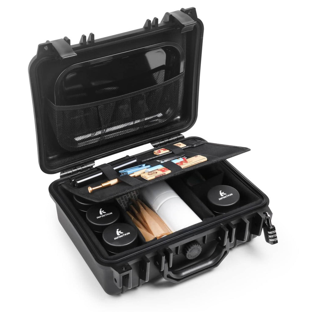 Black lockable smell proof storage case with open mesh lid and foam compartments