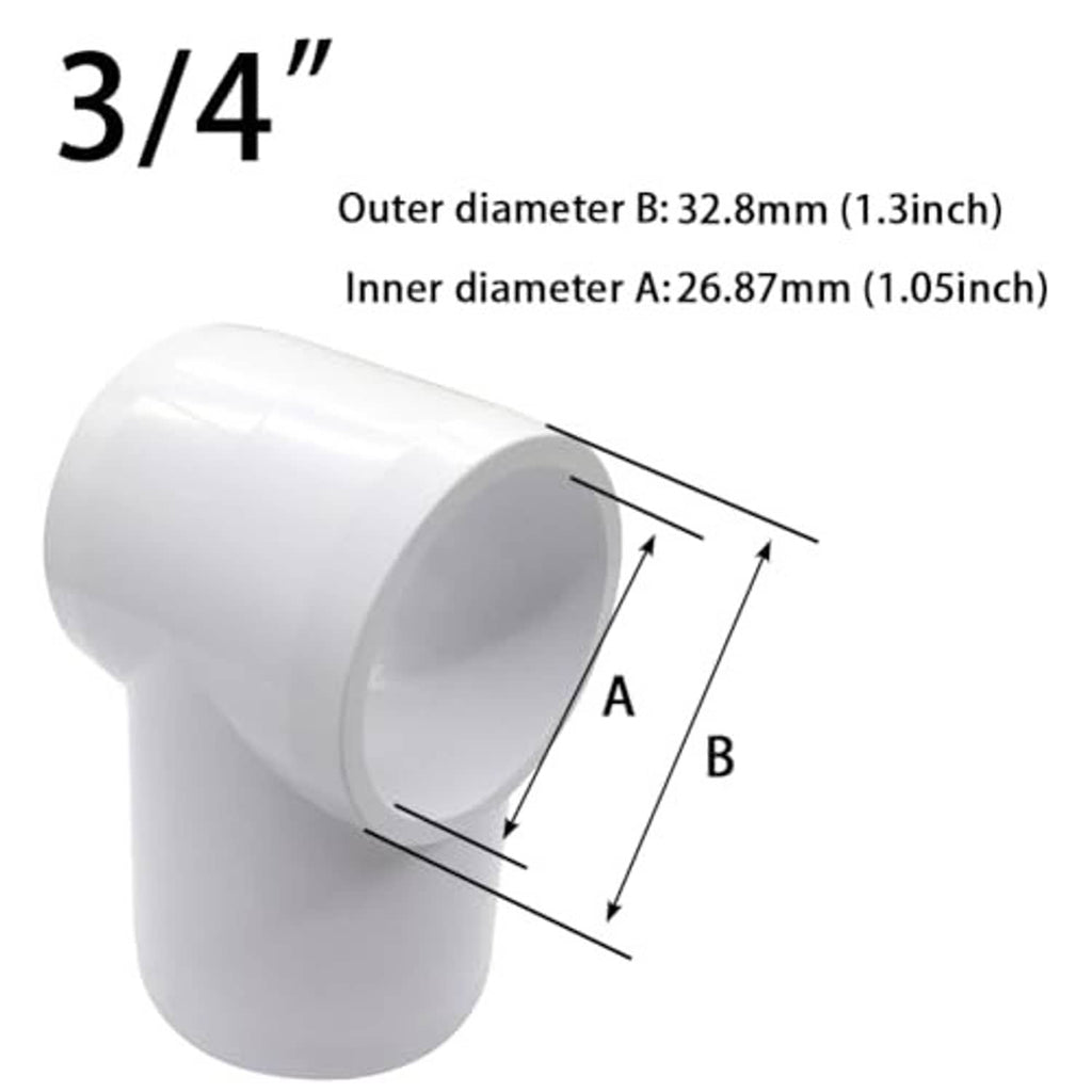 White 3/4 in PVC slip tee fitting with outer and inner diameter measurements