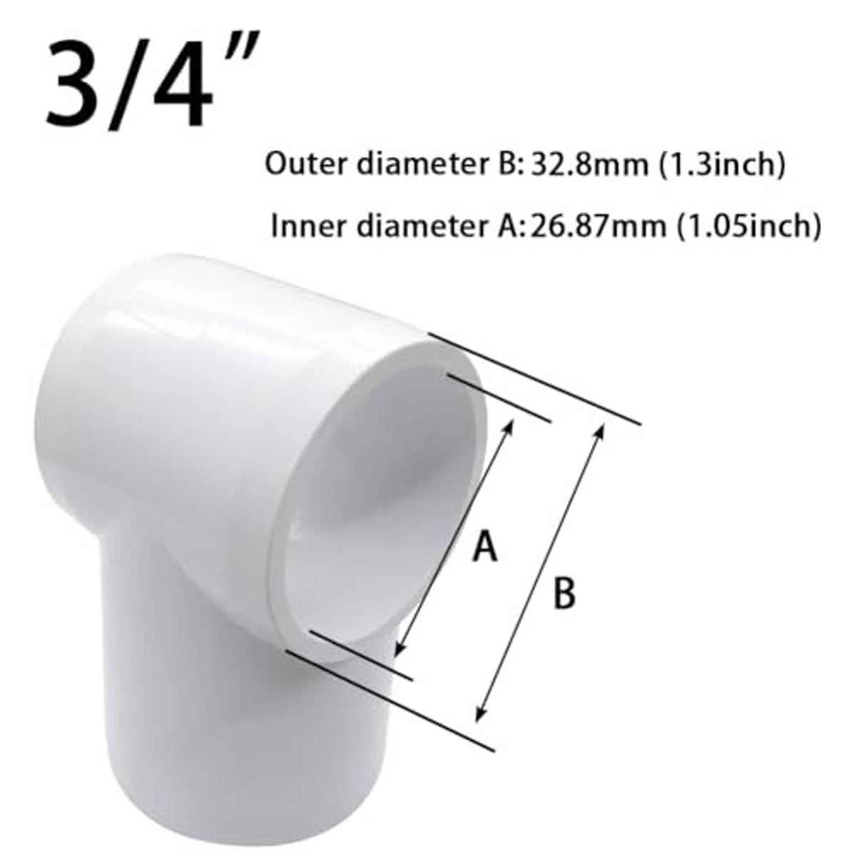 White 3/4 in PVC slip tee fitting with outer and inner diameter measurements