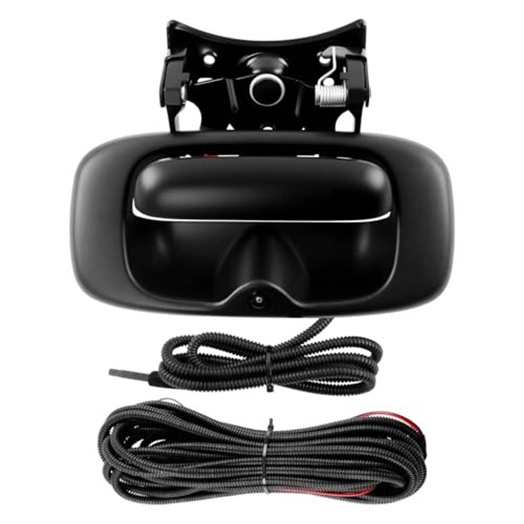 Black tailgate handle with backup camera and attached coiled wiring harness