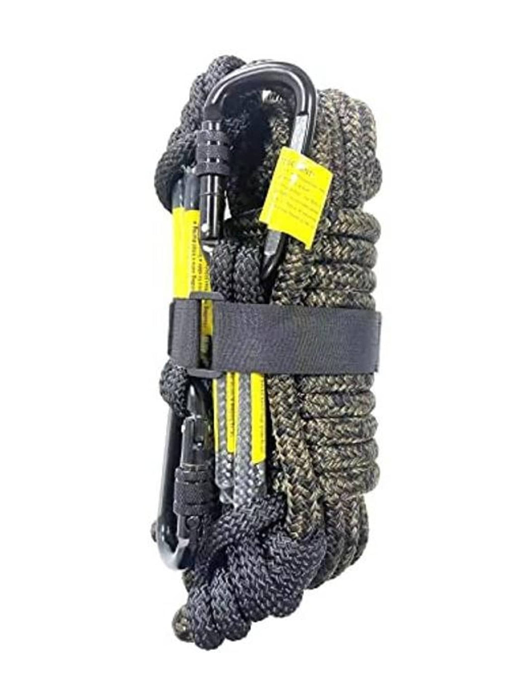 Rope safety assembly with two carabiners, gray cord, prusik knots, yellow accents