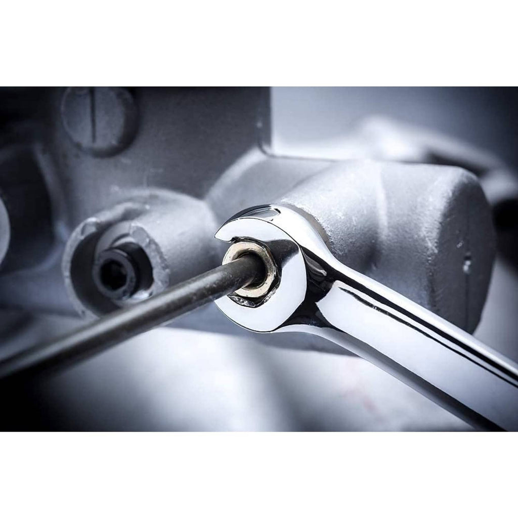 15-degree offset flare-nut wrench, double open end, chrome steel, 6mm close-up.