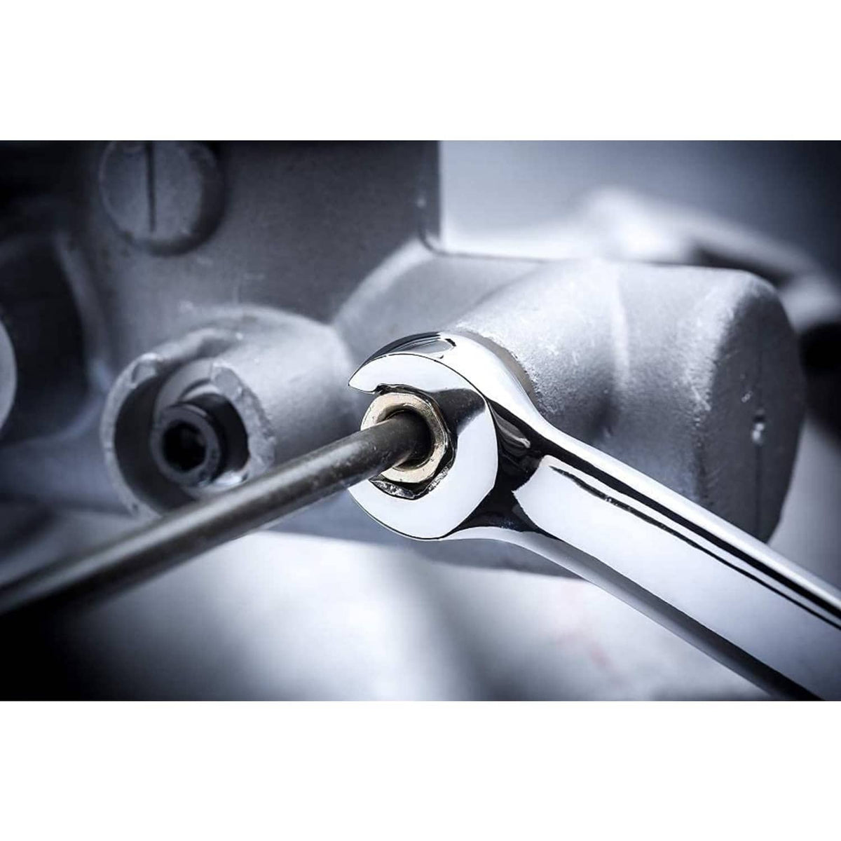 15-degree offset flare-nut wrench, double open end, chrome steel, 6mm close-up.