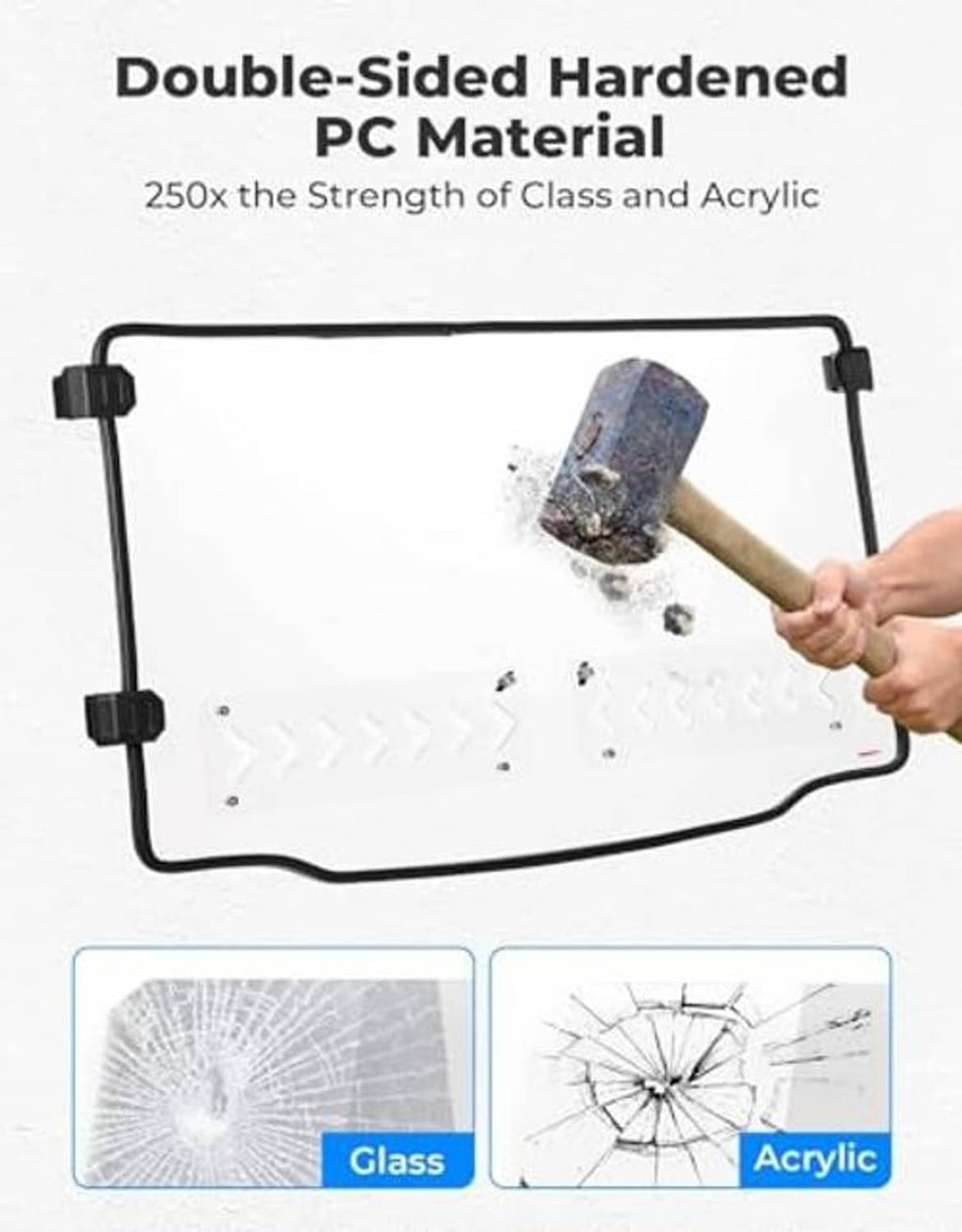 Double-sided hard windshield made of clear PC material, with glass and acrylic strength comparison.