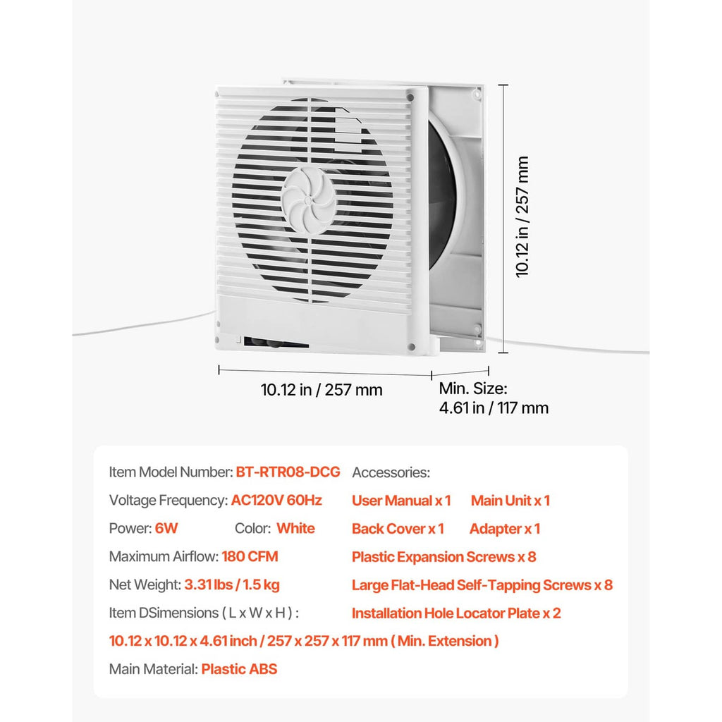 Wall-mounted ventilation fan side profile with front grille and wall-mount depth