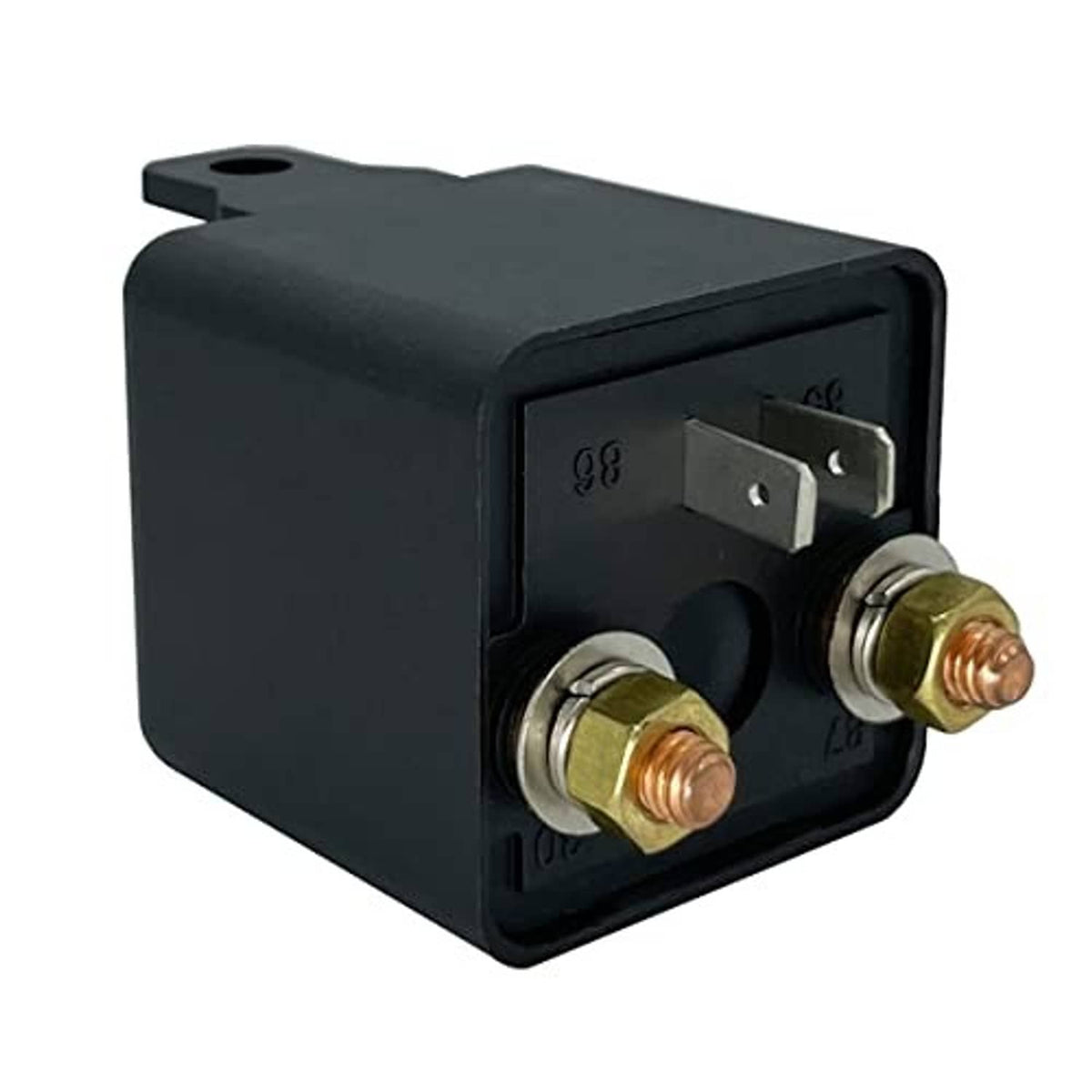 Black 4-pin relay body with two copper screw terminals and top metal mounting blade
