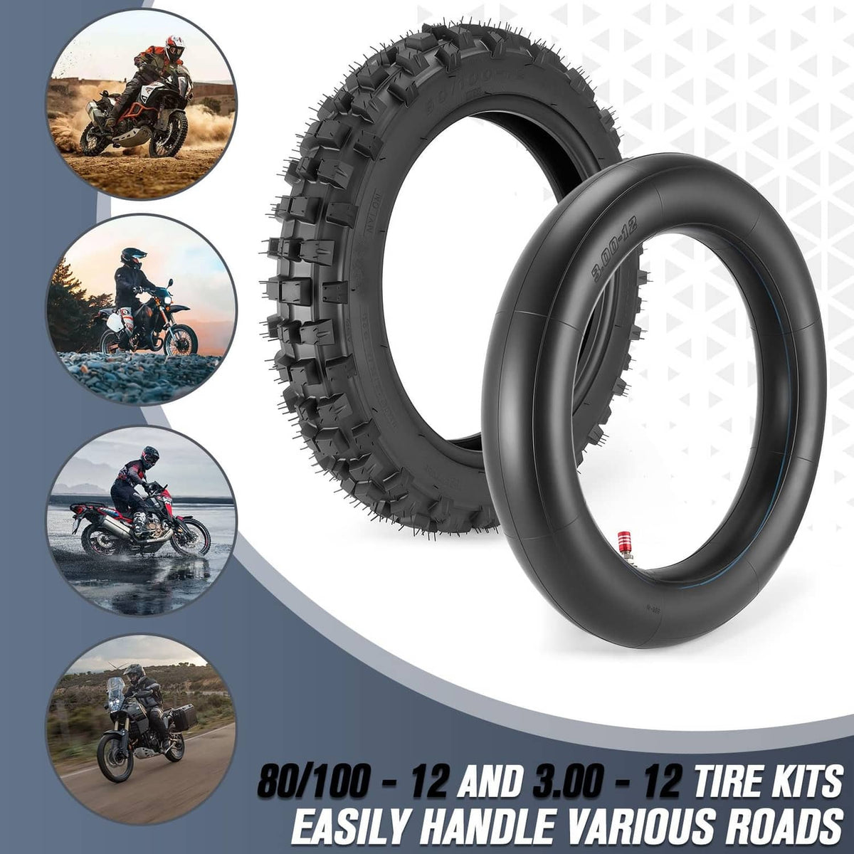 Off-road tire kit, black knobby tire and inner tube for rear wheel